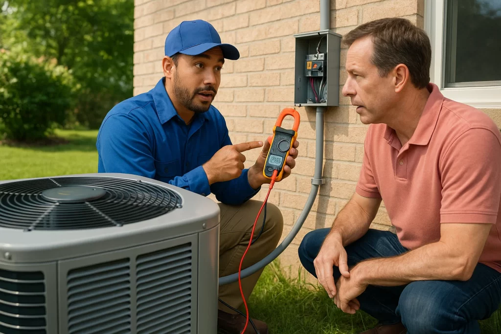Electrician testing outdoor AC circuit load at disconnect box with homeowner observing