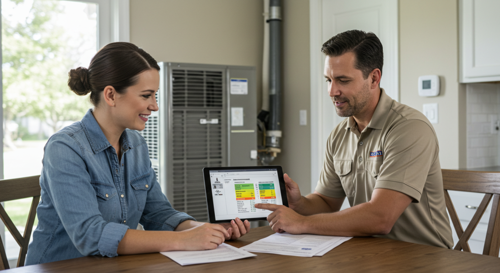 HVAC technician calculating AC installation costs beside condenser unit in residential yard