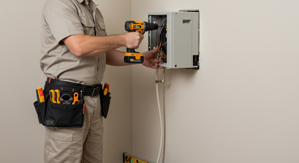 HVAC technician installing ductless mini split unit in residential home