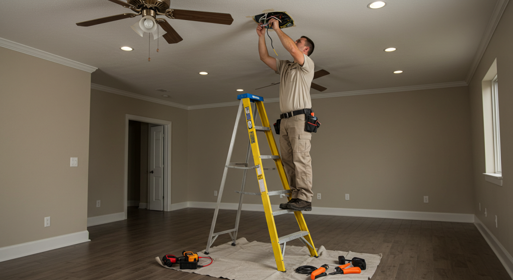 Electrician wiring ceiling fan during residential installation