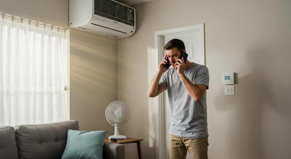 Homeowner calling for emergency AC repair during summer system failure