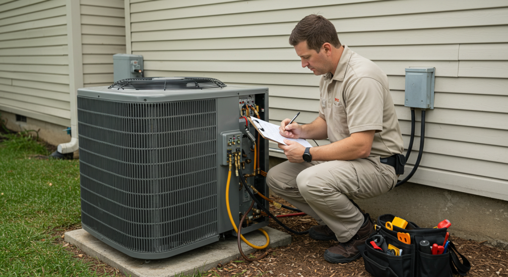 Technician installing outdoor AC condenser unit at residential home