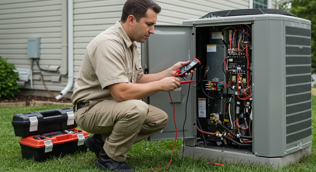HVAC technician diagnosing residential heat pump for emergency repair
