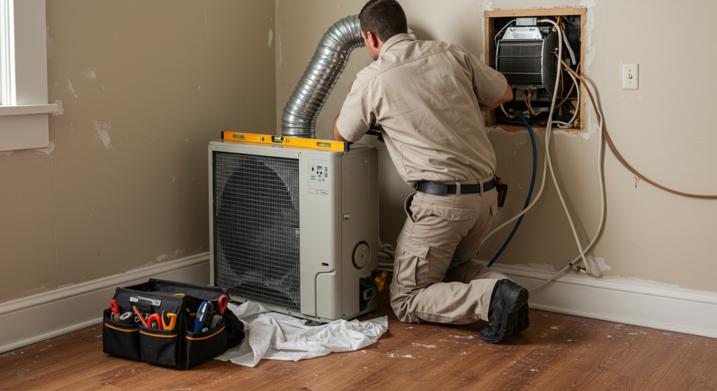 Technician installing ductless mini split system in older home with traditional design