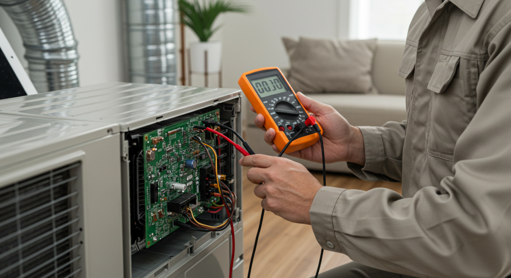 Technician diagnosing mini split system during residential repair appointment