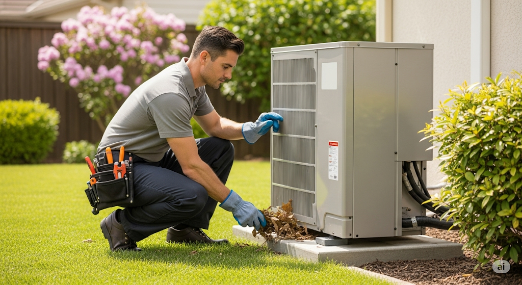 Technician clearing debris from outdoor heat pump unit in summer