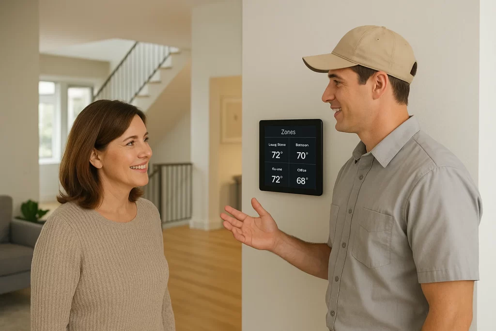 Homeowner and technician discussing HVAC zone control at wall-mounted thermostat