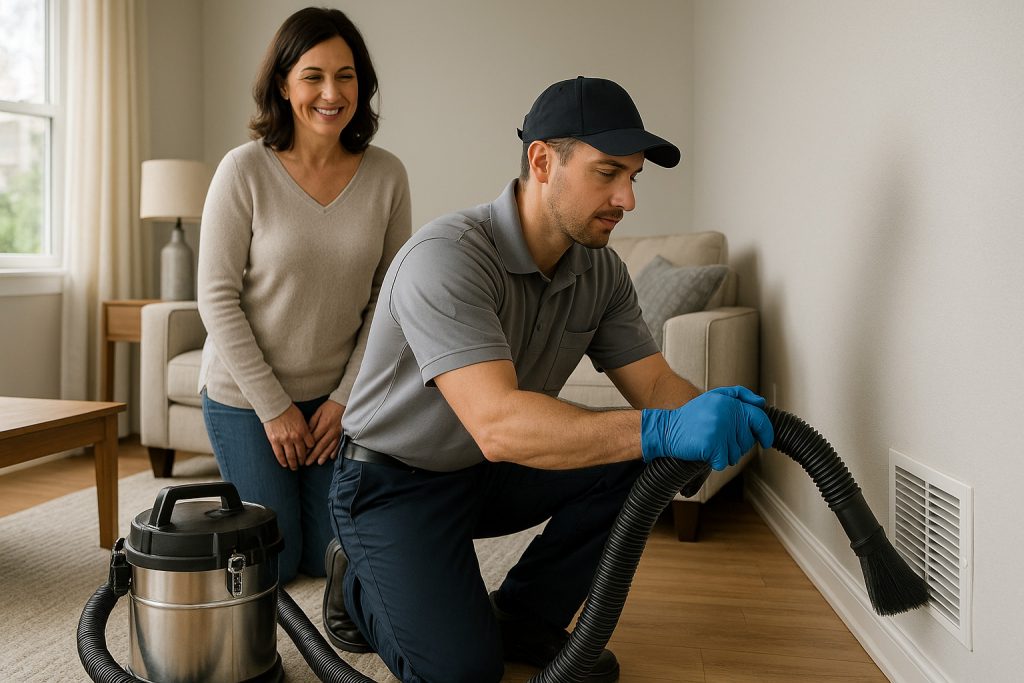Homeowner watching technician clean air vent in modern living room.