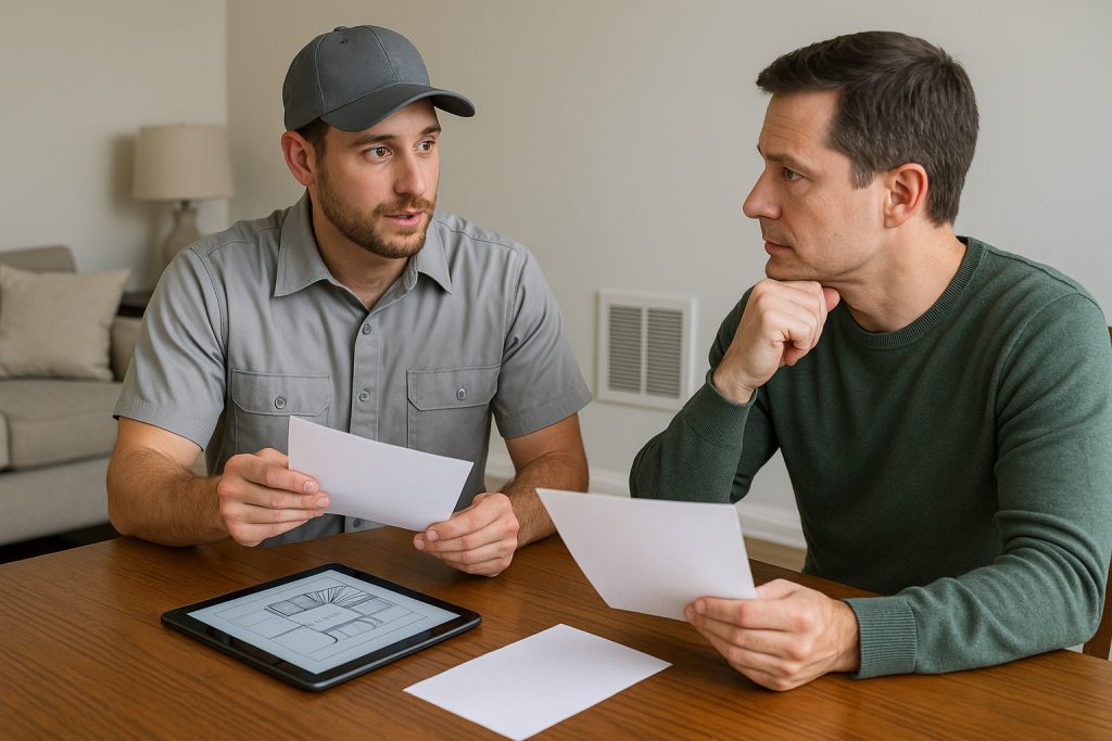 Homeowner discussing air duct cleaning estimate with technician at home.