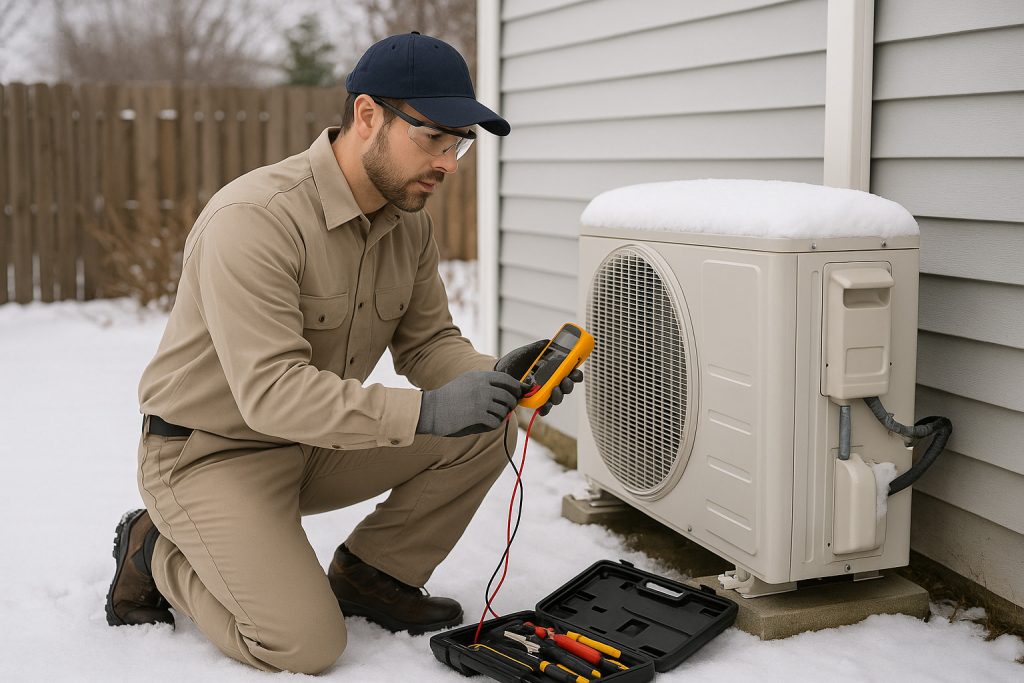 HVAC technician testing outdoor heat pump unit with multimeter in snowy backyard