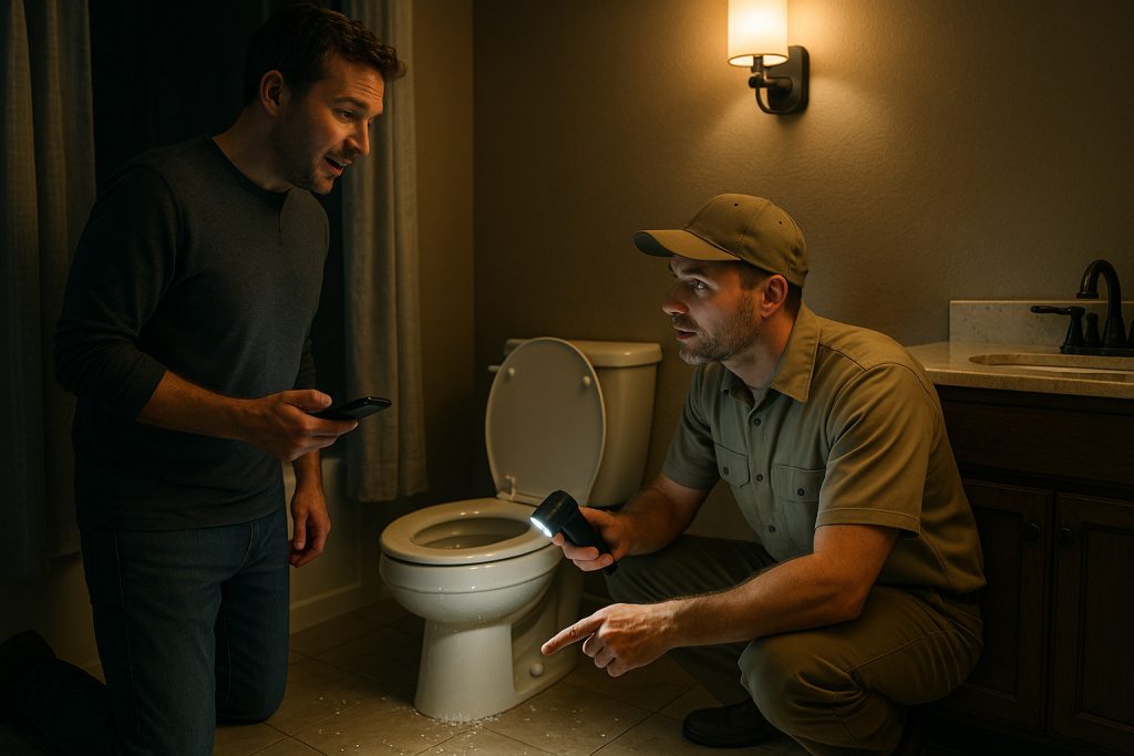 Homeowner talking with emergency plumber during night bathroom overflow