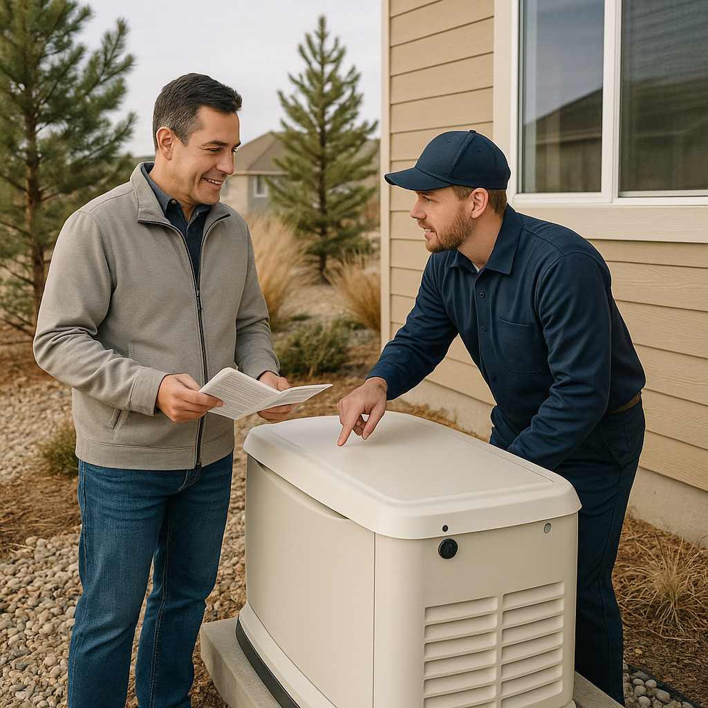 Homeowner reviewing generator installation with technician in Greeley backyard