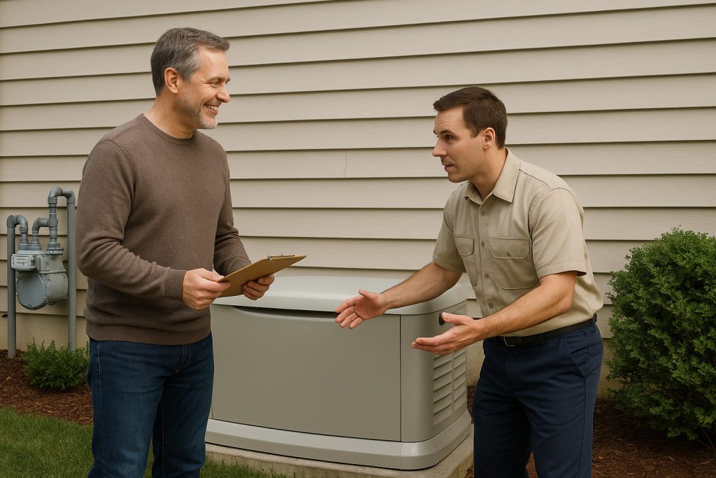 Homeowner and technician discussing newly installed standby generator in Colorado backyard