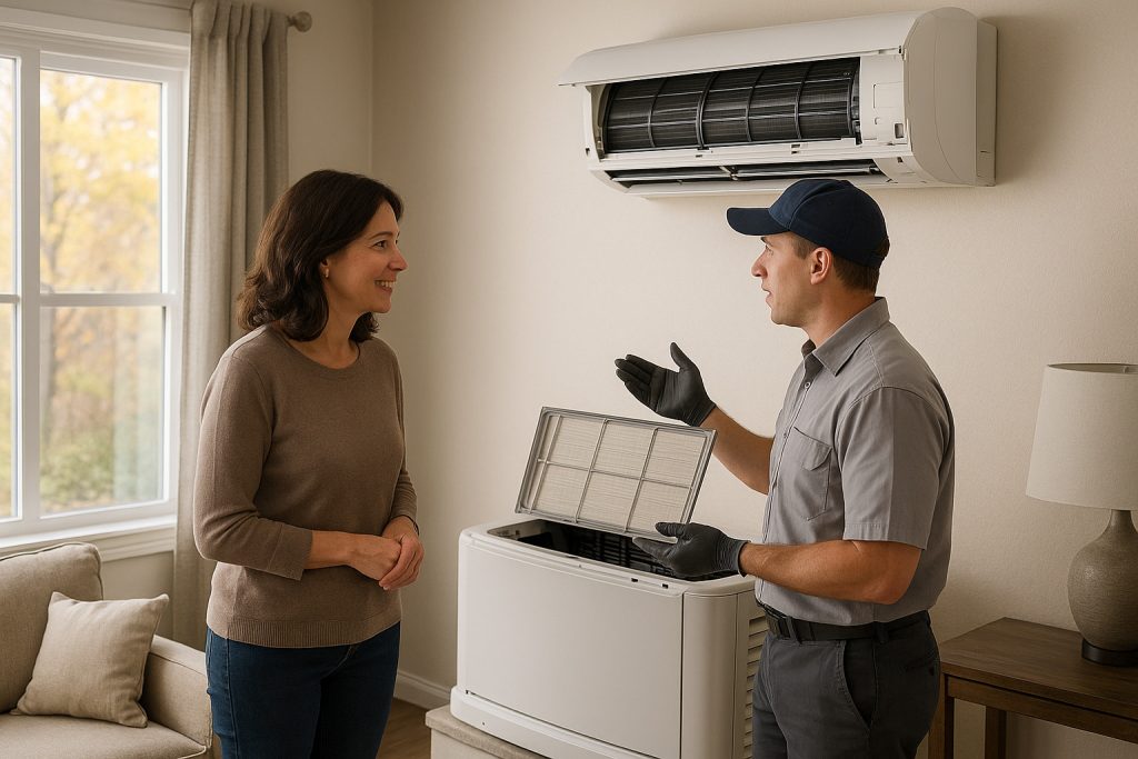 Homeowner observing technician performing indoor heat pump tune-up in Colorado living room