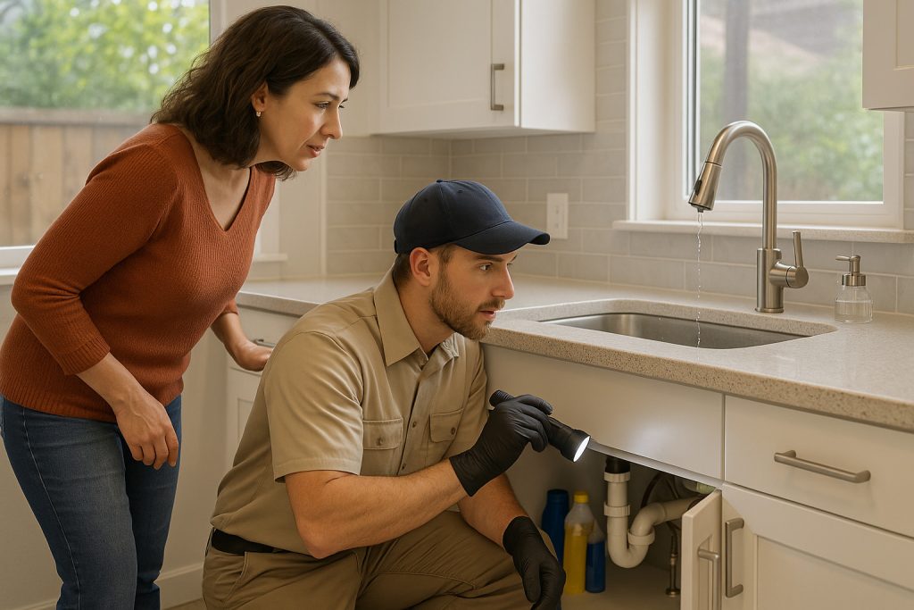 Homeowner and plumber inspecting dripping kitchen faucet in Colorado home