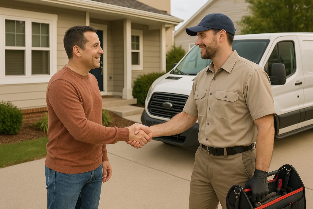 Homeowner greeting plumber arriving for service at Colorado home