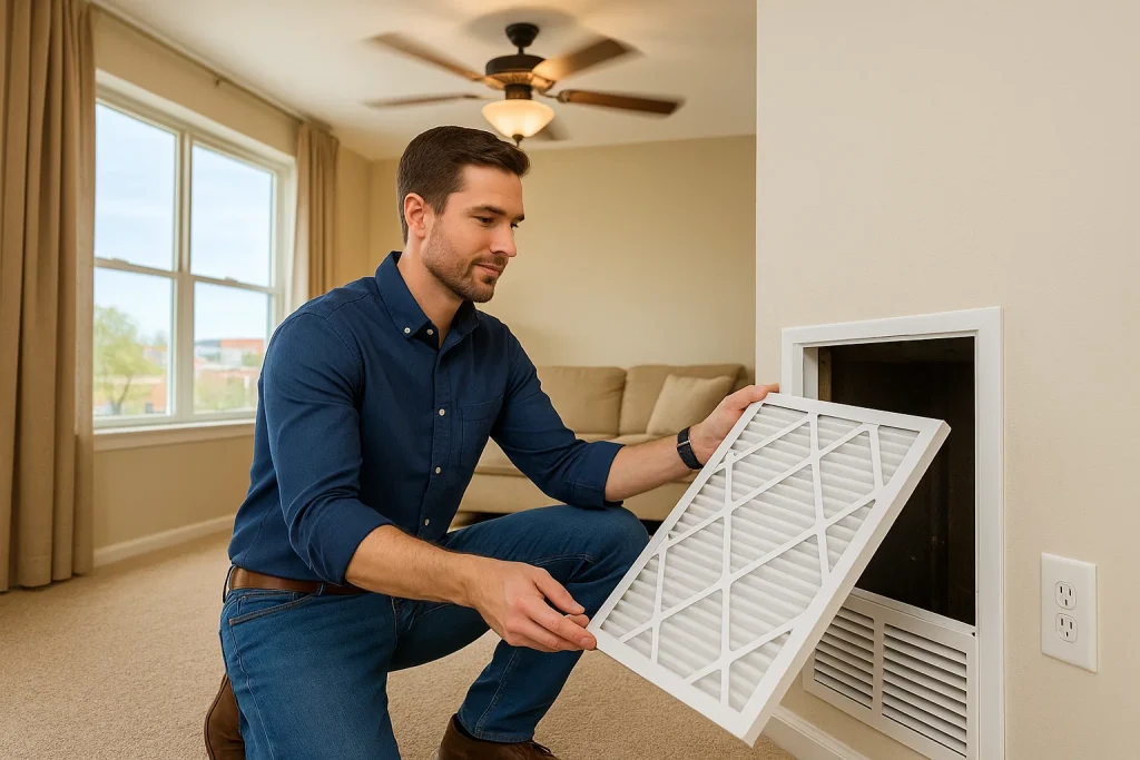 Homeowner replacing air filter
