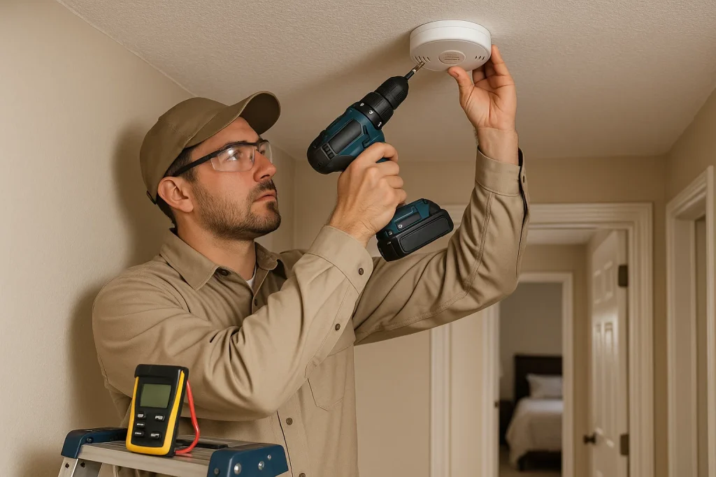 Electrician installs hardwired carbon monoxide detector outside a bedroom