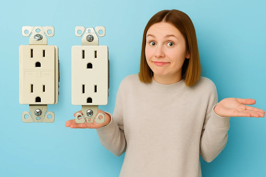 An image of a women standing in front of two types of GFI outlets.