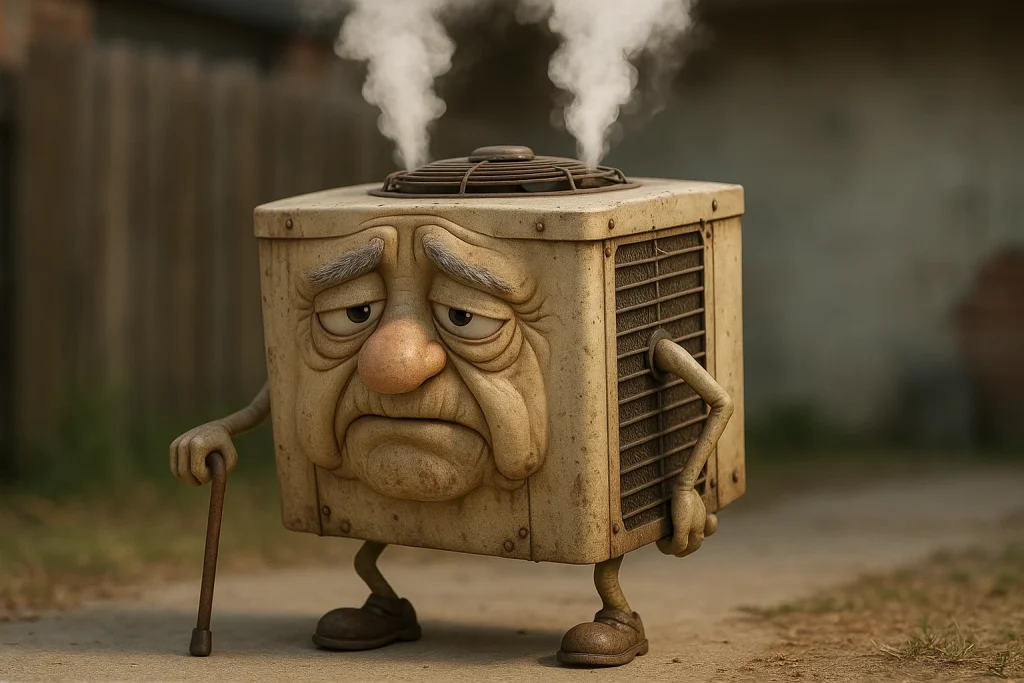 An Anthropomorphic old man AC unit with a cane.