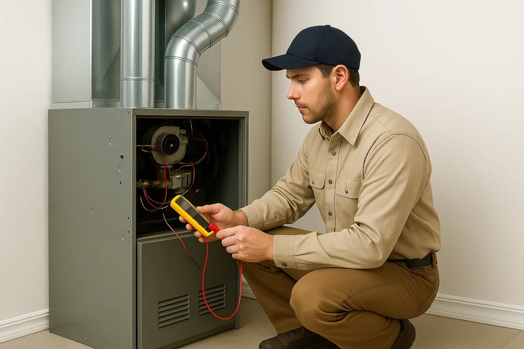 technician testing high-efficiency furnace installation in utility room
