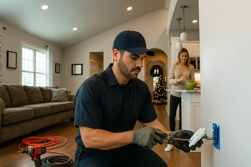 Electrician installs wall outlet to replace extension cords for safer winter wiring