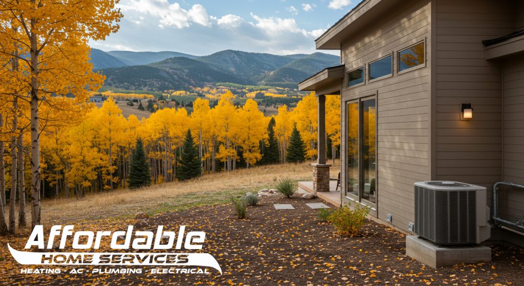 An air conditioning unit against a modern home in Colorado during autumn