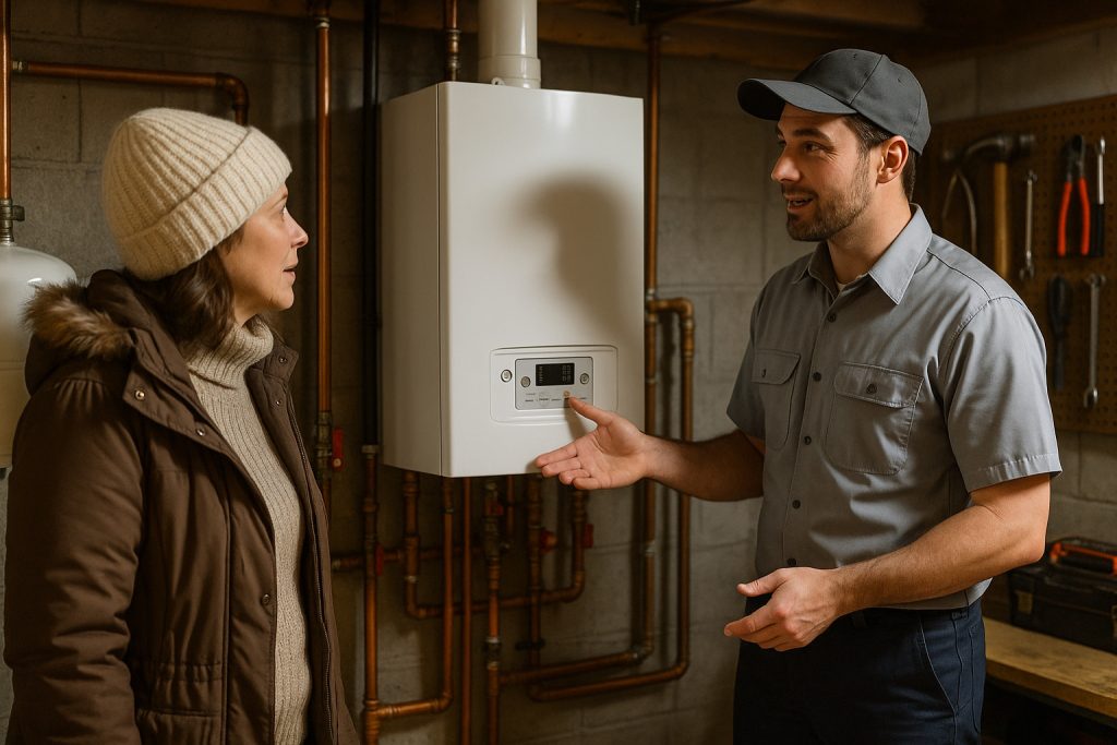 Homeowner consulting HVAC technician about new boiler installation in Greeley basement