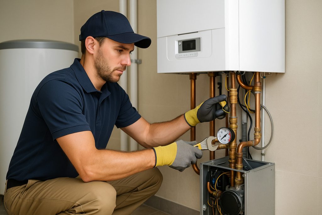 Technician adjusting gas boiler connections in Colorado utility room