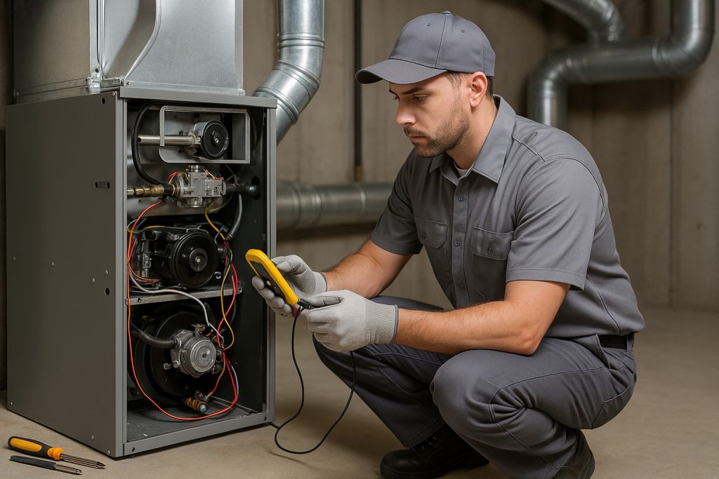 technician testing furnace connections with multimeter in Greeley basement