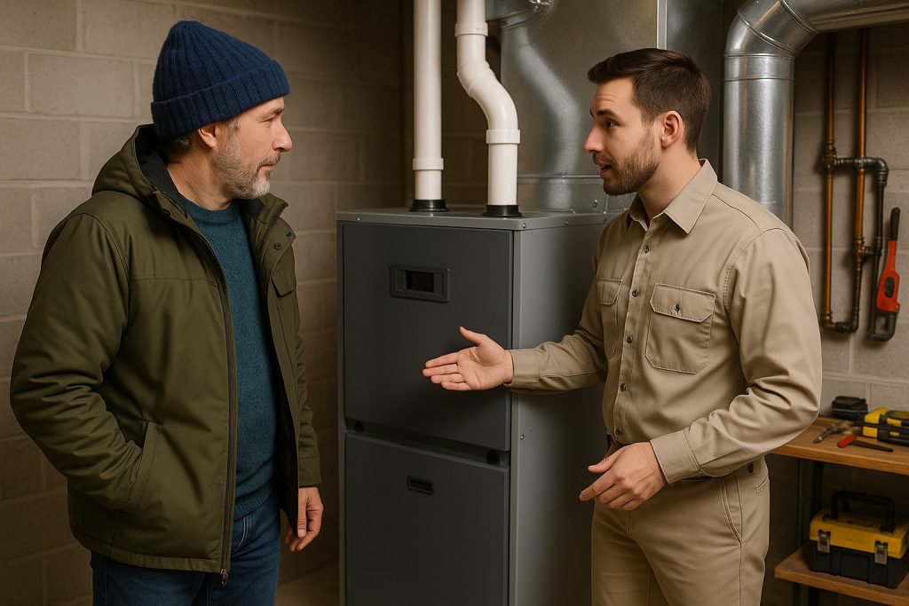 Homeowner consulting HVAC technician about new furnace installation sized for Greeley home