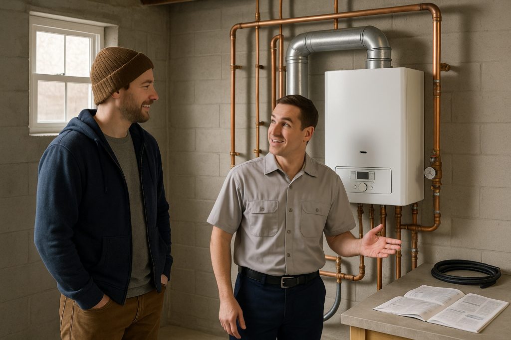 Homeowner and technician reviewing a newly installed gas boiler in a Greeley basement