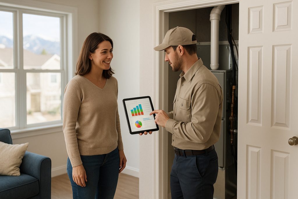 Homeowner reviewing heating system options with technician in Greeley home