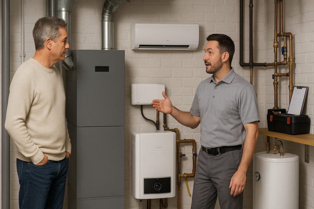 Homeowner and HVAC technician comparing different heating systems in Greeley basement