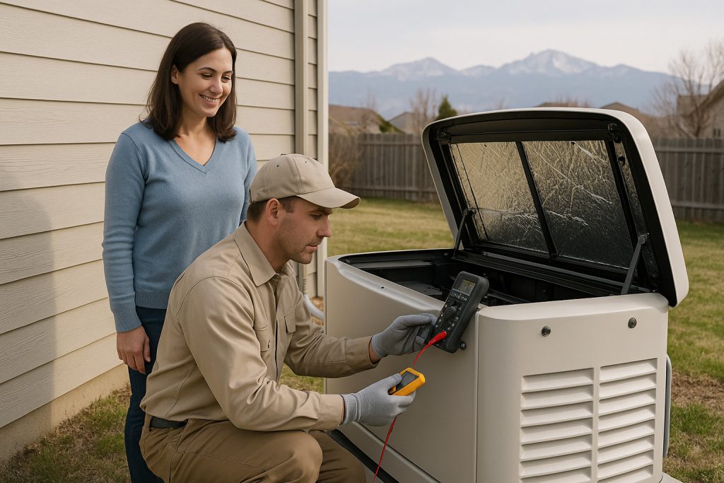 Homeowner with technician testing standby generator in Greeley backyard