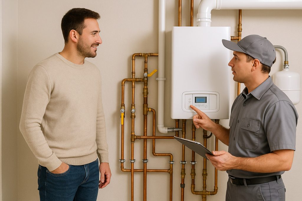 homeowner with technician reviewing new boiler installation in Greeley utility room