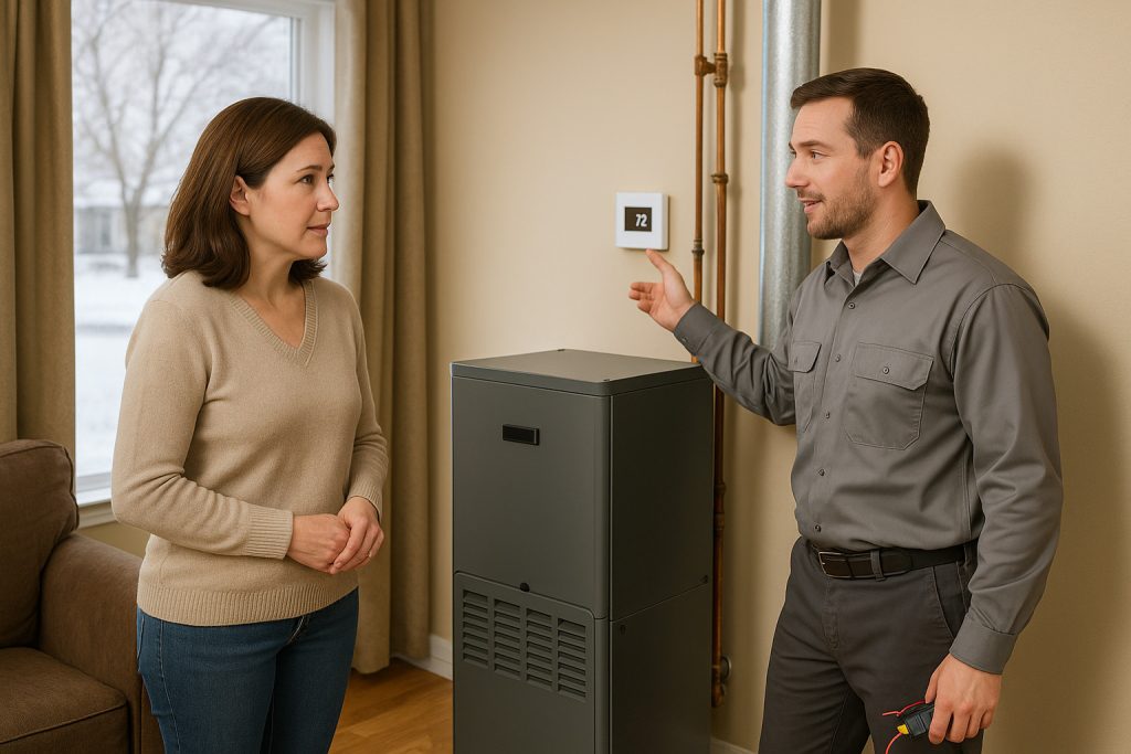 Homeowner consulting HVAC technician about new furnace installation in Greeley home