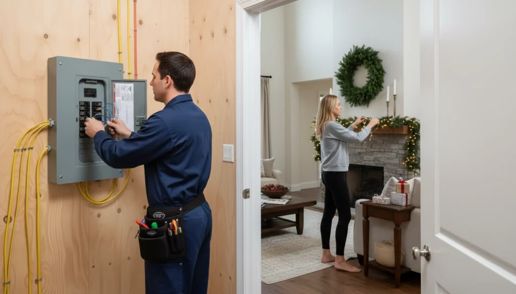 Electrician installing a modern electrical panel in preparation for holiday energy needs.