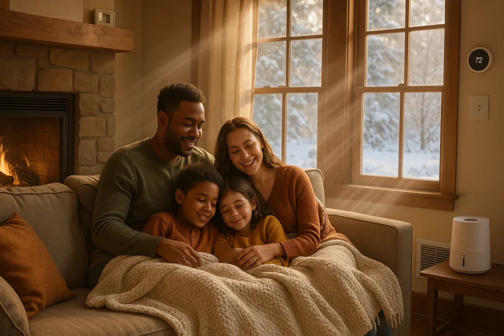 Family enjoying clean indoor air in a cozy winter living room with snow outside and a hidden whole-home purifier working through the HVAC system.
