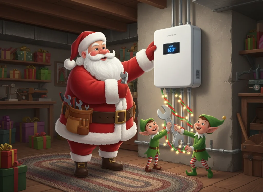 Santa and his elves installing a tankless water heater in a festively decorated home