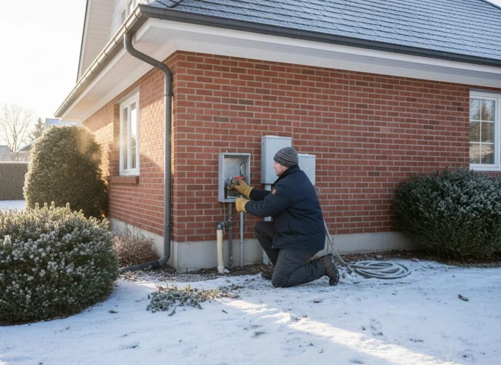 Homeowner shutting off main water valve before leaving for winter holiday travel