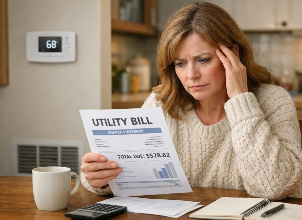 Homeowner reviewing a high January heating bill with a programmable thermostat in the background.