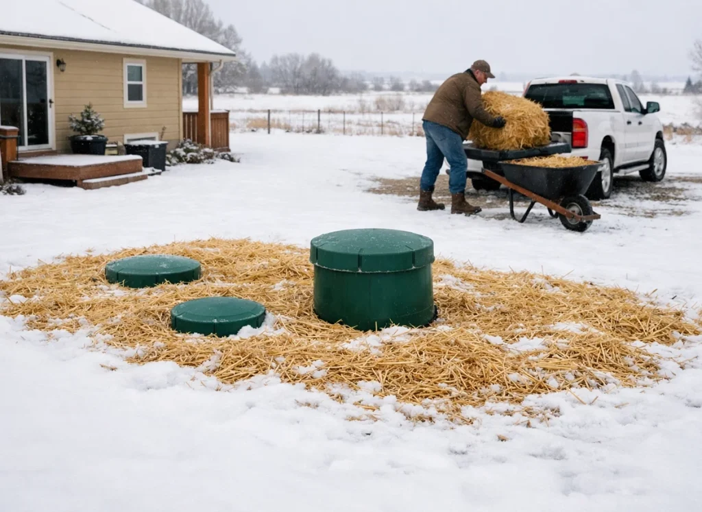 Insulated septic tank and drain field covered with straw mulch in a snowy Northern Colorado yard.