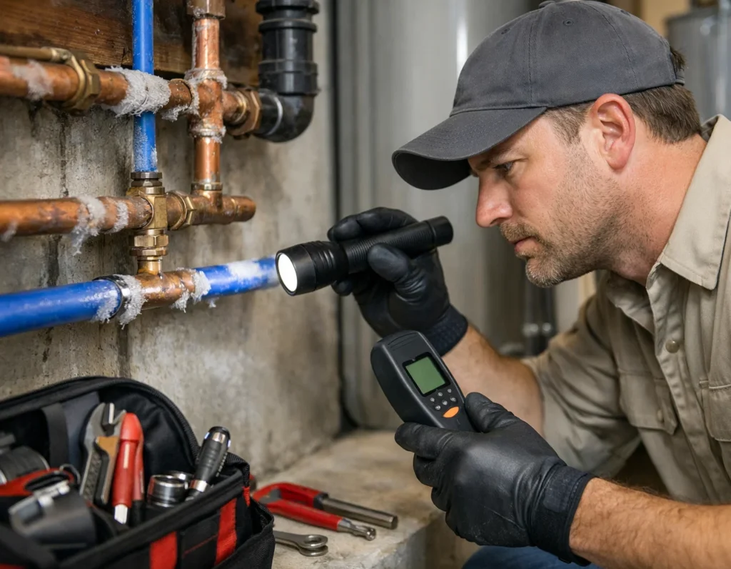 Professional plumber inspecting pipes for winter damage in Greeley home
