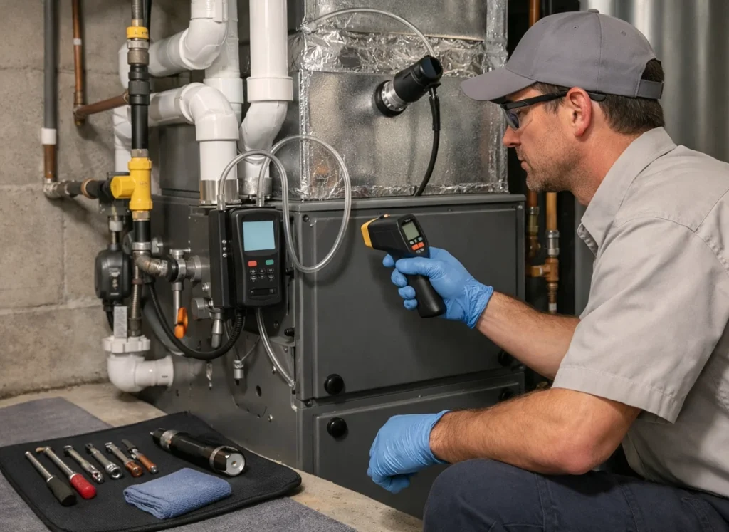 HVAC technician commissioning a new gas furnace with airflow and safety testing in Greeley CO