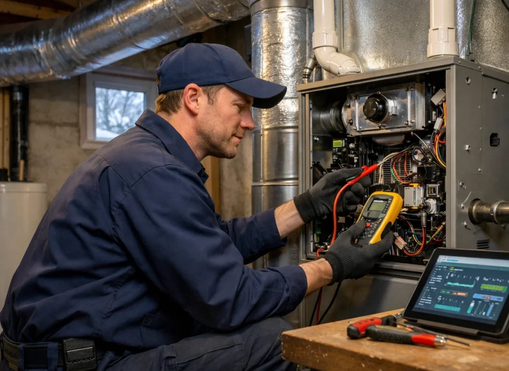 HVAC technician performing mid-winter furnace inspection in residential basement