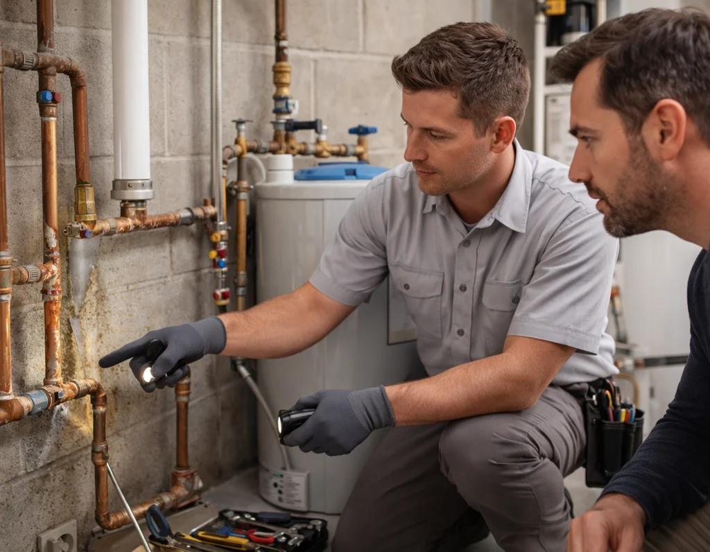 Greeley homeowner reviewing post-winter pipe damage with plumber