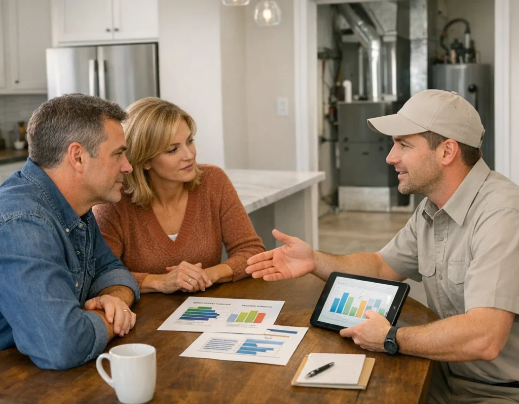 HVAC technician explaining efficiency ratings to homeowner couple