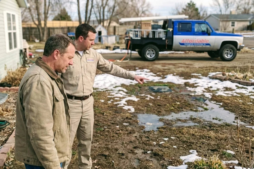 Homeowner and septic technician inspecting yard during spring thaw