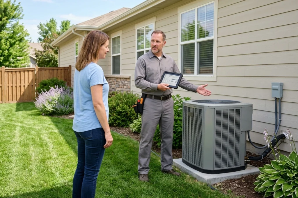 Greeley homeowner discussing air conditioner repair or replacement